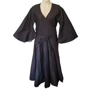 Karen-T Design Denim Wrap Maxi Dress Indigo Blue Bell Sleeve Plus USA Whimsigoth